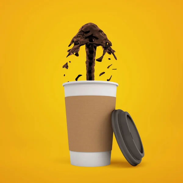 3D-rendering van papier koffie kopje met koffie stromende uit op gele achtergrond — Stockfoto
