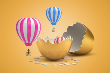 Hafif ocher arka planda altın yumurtadan çıkan çizgili sıcak hava balonları 3d render.