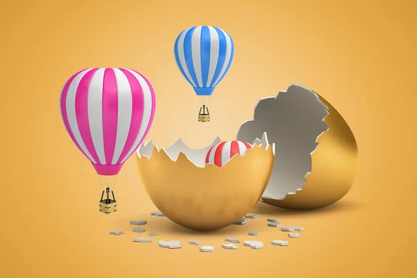 条纹热气球的3D渲染，在光奥赫背景上从金蛋孵化出来. — 图库照片