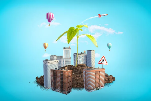 3d representación de brote verde creciendo entre los rascacielos de la ciudad sobre fondo azul — Foto de Stock