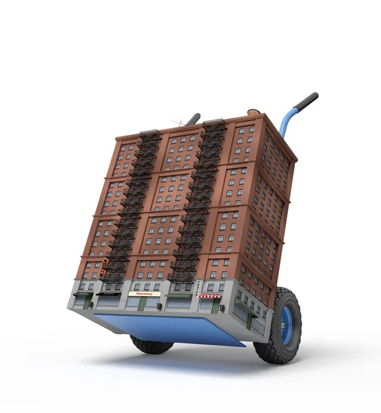 3D-rendering av små 16-storeyed höghus på Blue hand Truck. — Stockfoto