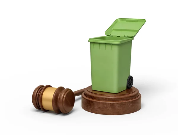 3d rendering of open green trash bin on round wooden block and brown wooden gavel — Stock Photo, Image