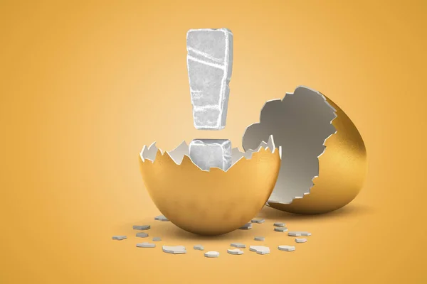 3d rendering di pietra punto esclamativo che appena nato da uovo d'oro . — Foto Stock