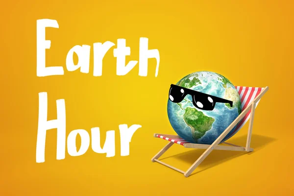 Prostorové vykreslení modelu zemského glóbu na slunečních brýlích a odpočinek na plážové židli se znakem hodina země na žlutém pozadí — Stock fotografie
