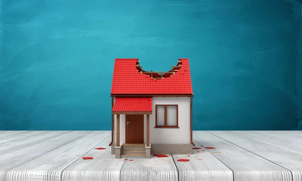 3D renderelés egy privát fehér ház sérült vörös tető, fehér fa padló és sötét türkiz háttér — Stock Fotó