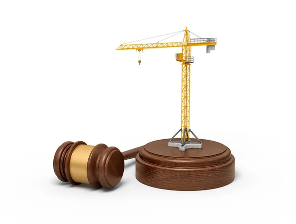 3d rendering of small construction crane standing on sounding block with judge gavel beside the block.