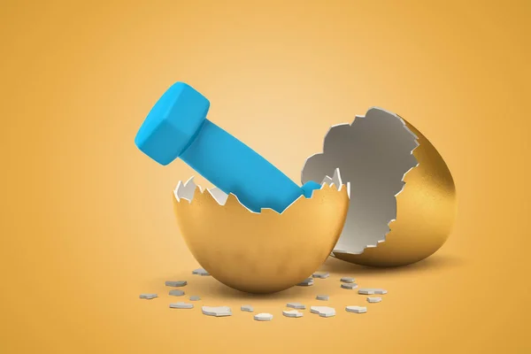 3d rendering di manubri blu schiusa da uovo d'oro su sfondo giallo — Foto Stock