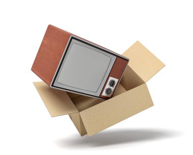 Hangi retro Tv seti uçar havada karton kutu 3d render.