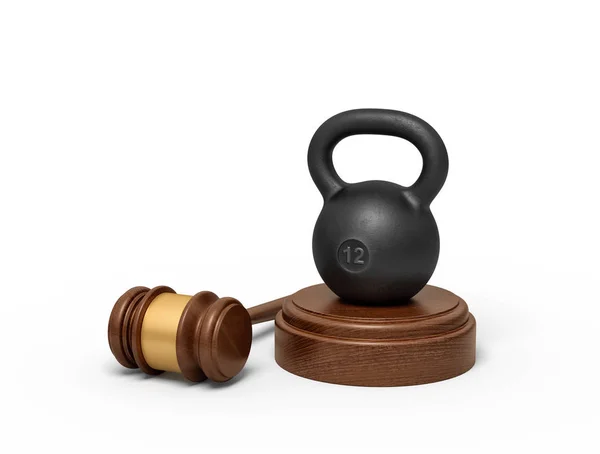 3d rendering of black kettlebell standing on sounding block with judge gavel lying beside. — Stock Photo, Image