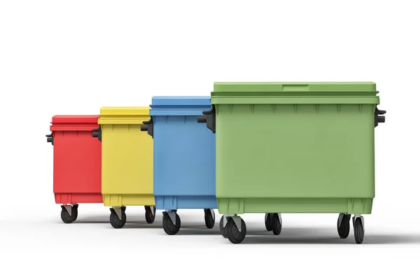 3d representación de cuatro cubos de basura de colores — Foto de Stock