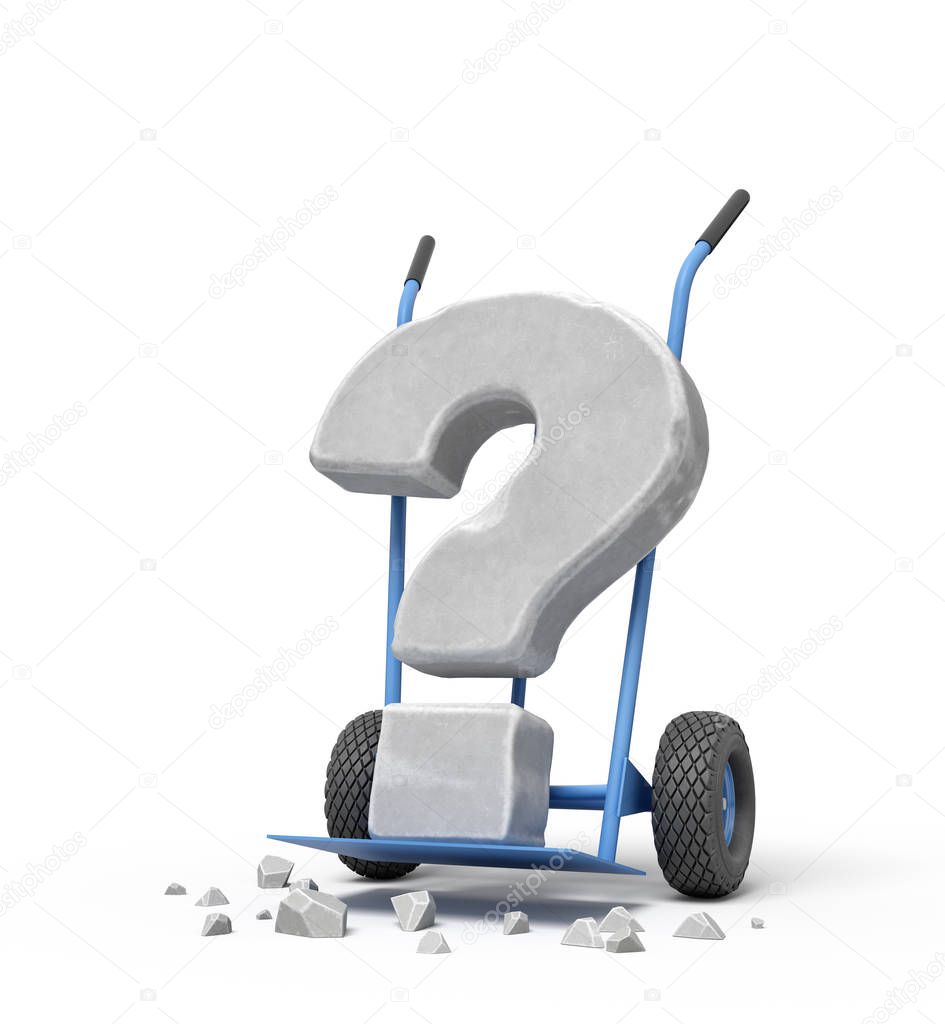 3d rendering of large stone question mark on blue hand truck with big stone crumbs on ground.