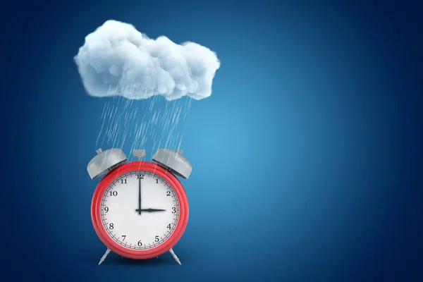 3d rendering of red alarm clock standing under cloud of pouring rain on blue copyspace background.