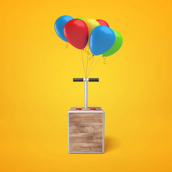 3D vykreslování barevných balónů s tnt rozbuškou na žlutém pozadí — Stock fotografie