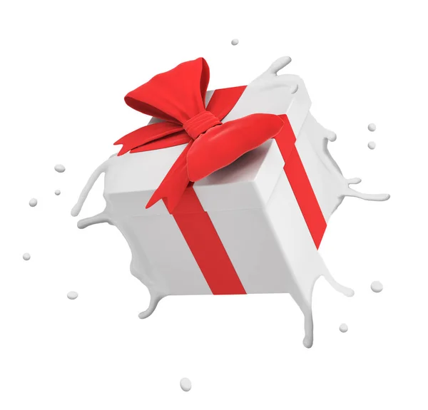 3d renderização de caixa de presente branco com fita vermelha espirrando isolado no fundo branco — Fotografia de Stock