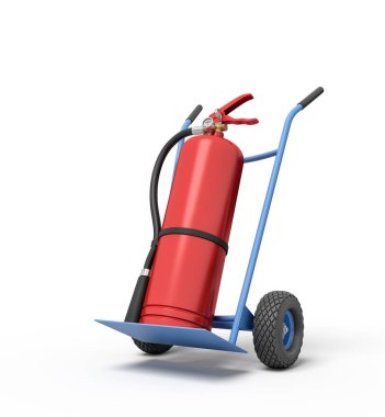 3D büyük kırmızı yangın söndürücü mavi el kamyonunda yarım virajda duruyor..