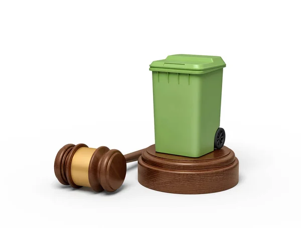 3d rendering of green trash bin on round wooden block and brown wooden gavel — Stock Photo, Image