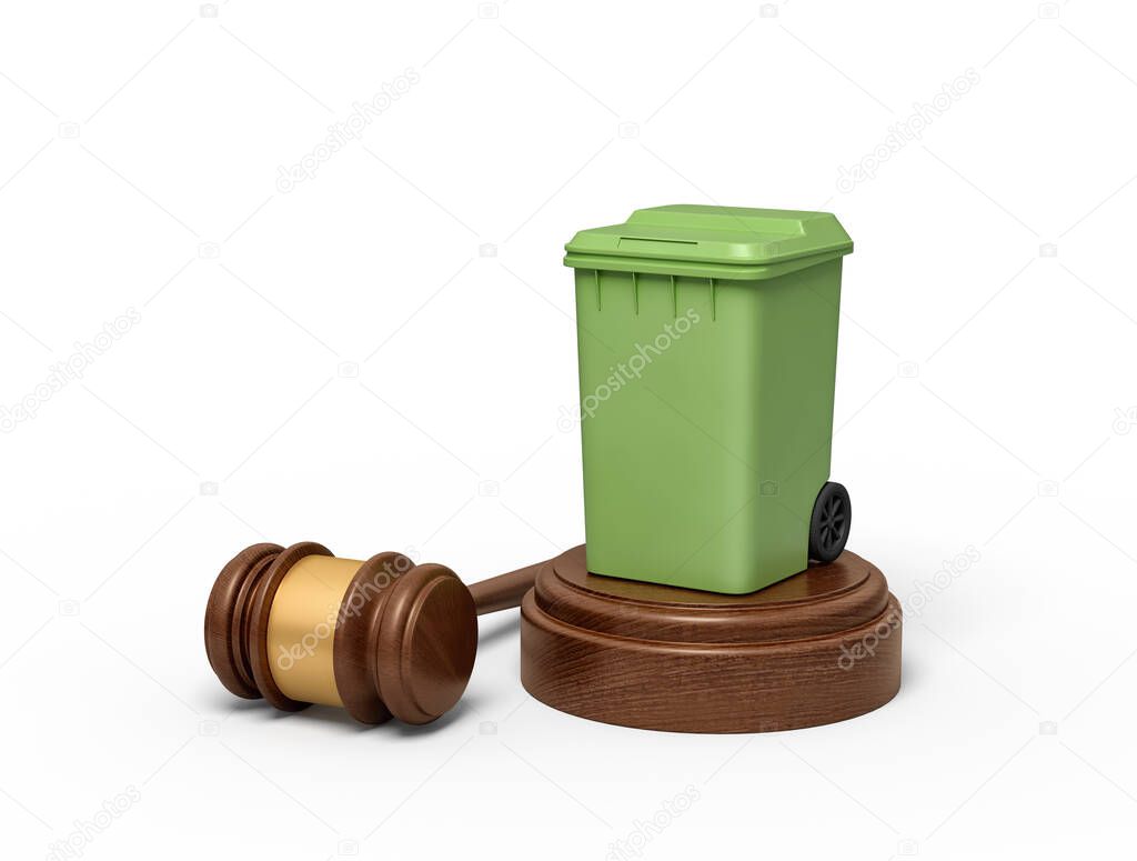 3d rendering of green trash bin on round wooden block and brown wooden gavel
