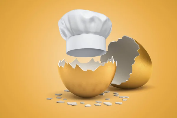 노란 배경에 황금색 알에서 부화하는 흰 요리사 모자 의 3D 렌더링 — 스톡 사진