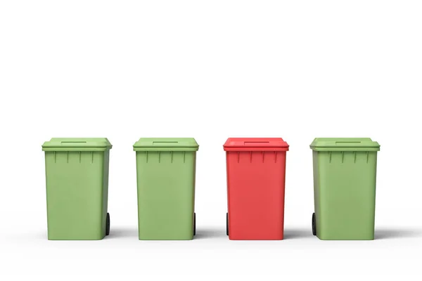 3d rendering of three green and one red trash bins