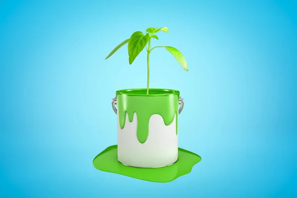 3d close-up rendering of bucket of green paint standing in puddle of spilt paint with young green sprout growing right from bucket on blue background. — Stock Photo, Image