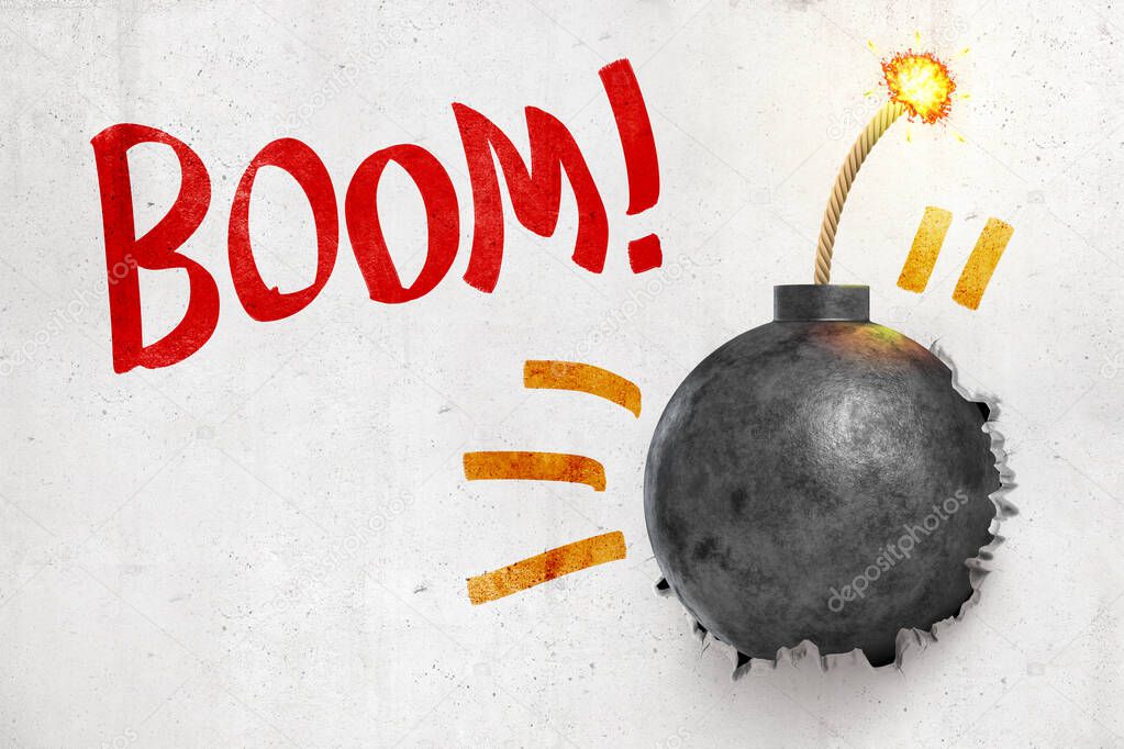 3d rendering of ball bomb with fuse breaking white wall with Boom sign on white background