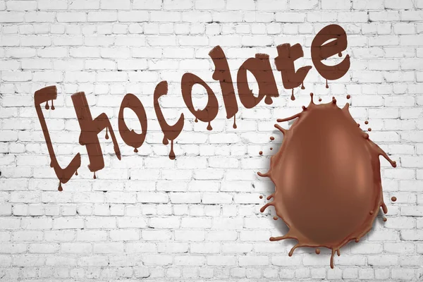 3d rendering of white brick wall with title Chocolate and big melting chocolate egg smashed into wall.