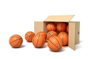 Basketbol topu dolu karton kutunun 3D görüntüsü.
