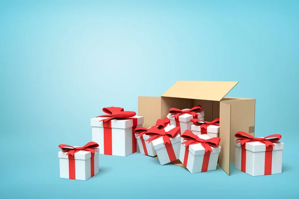 3d representación de cajas de regalo en caja de cartón sobre fondo azul . — Foto de Stock