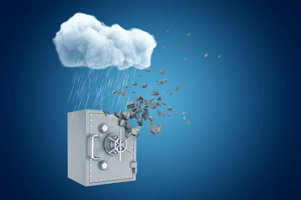 3d renderizado de dinero seguro disolviéndose en pedazos de un lado, de pie bajo la nube de lluvia sobre fondo azul copyspace . — Foto de Stock