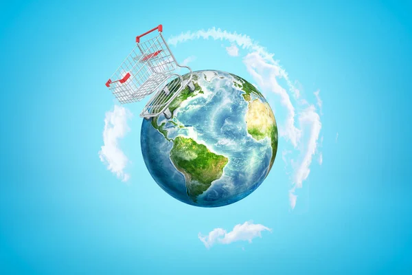 3D ztvárnění Země s obrovským vozíkem supermarketu stojící na jedné straně planety. — Stock fotografie