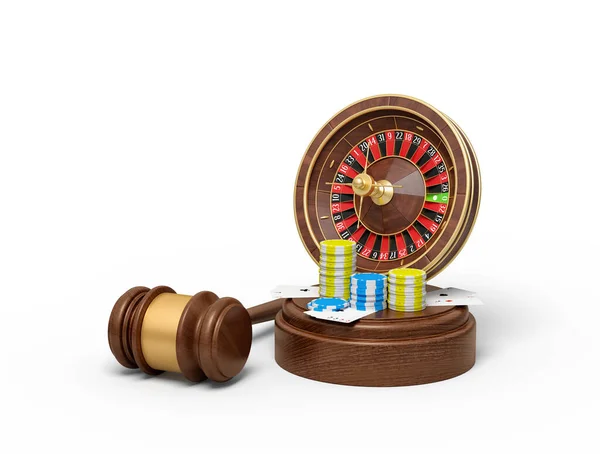 3d rendering of casino roulette, chips and playing cards on round wooden block and brown wooden gavel