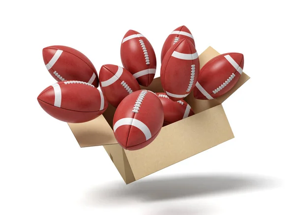 3D vykreslování hnědých amerických fotbalových míčků v papírové krabici — Stock fotografie
