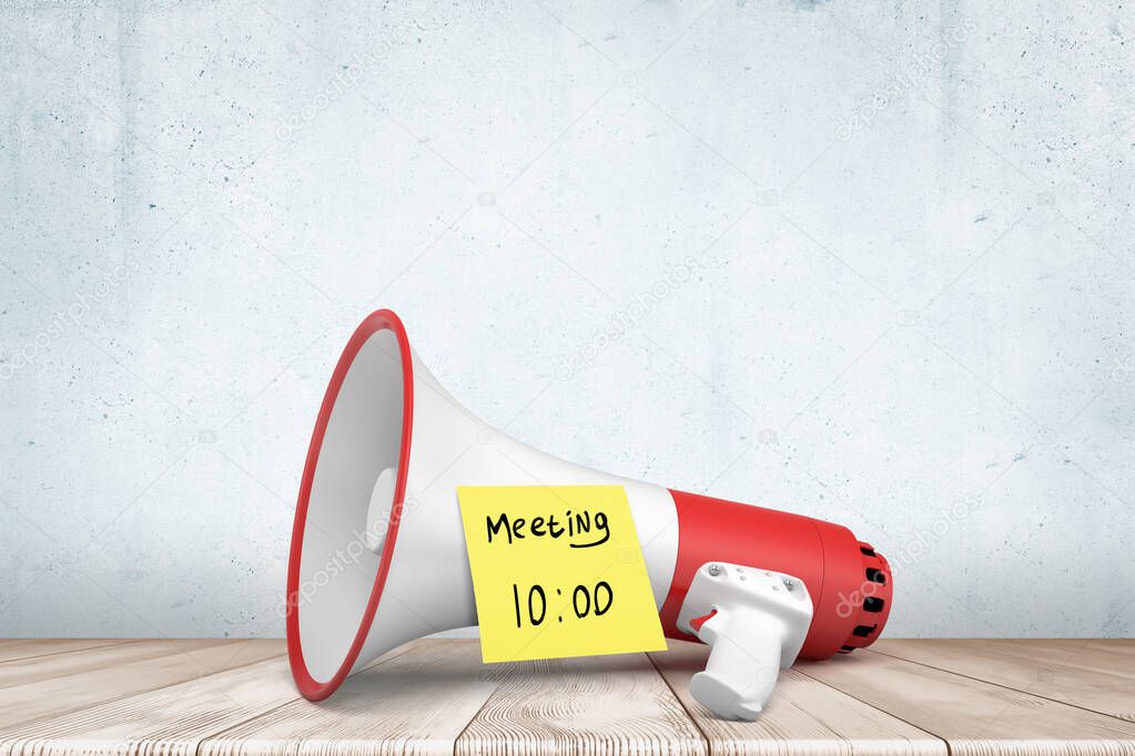 3d rendering of a red and white megaphone on white wooden floor with yellow Meeting 10 am note on white background