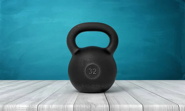 3d renderização de cinco 32 kg kettlebell no chão de madeira branco e fundo azul-turquesa escuro — Fotografia de Stock