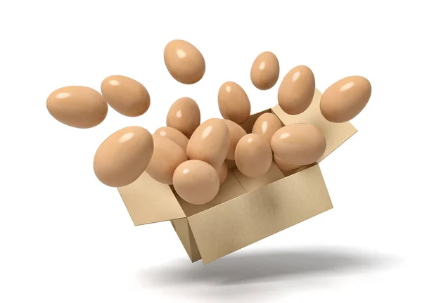 3d representación de la caja de cartón en el aire lleno de huevos de pollo volando fuera de ella . —  Fotos de Stock