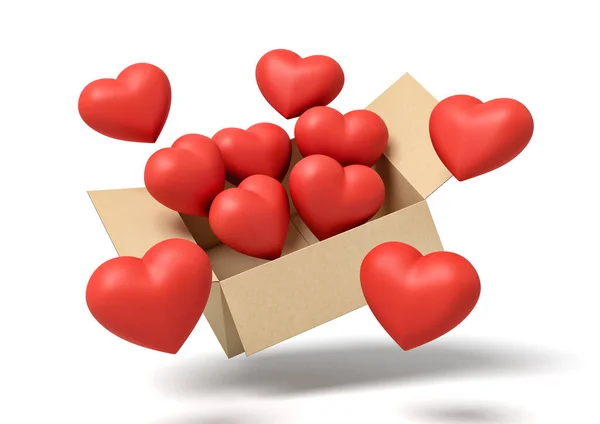 3d renderização de caixa de papelão no ar cheio de corações vermelhos bonitos que estão voando para fora e flutuando fora . — Fotografia de Stock
