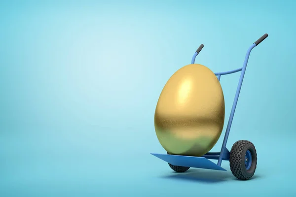 3d rendering of a golden egg on a hand truck on blue background — Stock Photo, Image