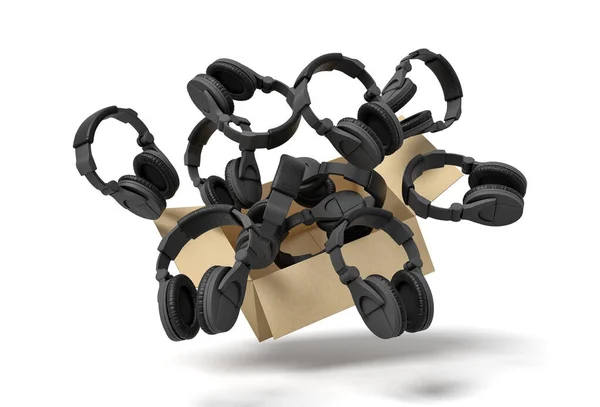 3d rendering of cardboard box in air full of black headphones which are flying out and floating outside. — Stock Photo, Image