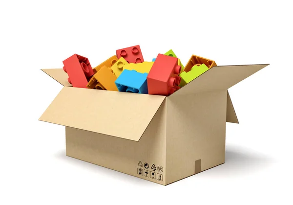 3D απόδοση του χαρτονιού κουτί γεμάτο πολύχρωμα τούβλα παιχνίδι — Φωτογραφία Αρχείου
