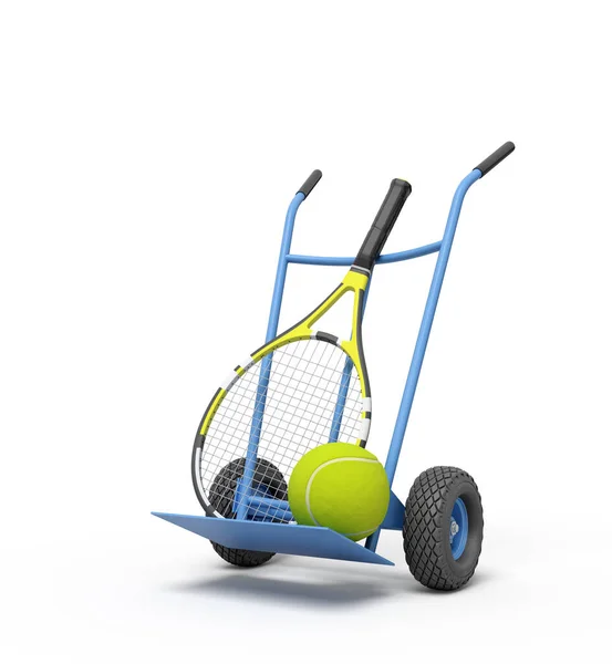 3d rendering van marine blauwe handtruck rechtop in halve bocht met tennisbal en racket erop. — Stockfoto