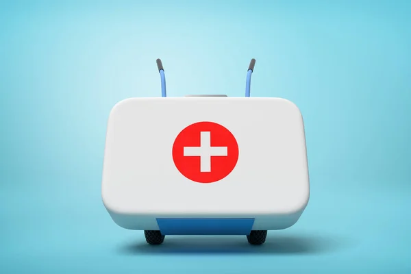 3d representación de la caja médica blanca de primeros auxilios en un camión de mano sobre fondo azul —  Fotos de Stock
