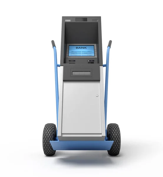 3d rendering van blauwe handtruck met grijs en wit Atm bovenop. — Stockfoto