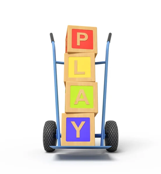 3D representación de bloques de juguete de alfabeto colorido que muestra el signo PLAY en un camión de mano — Foto de Stock