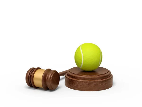3d renderização de bola de tênis amarelo no bloco de madeira redonda e martelo de madeira marrom — Fotografia de Stock
