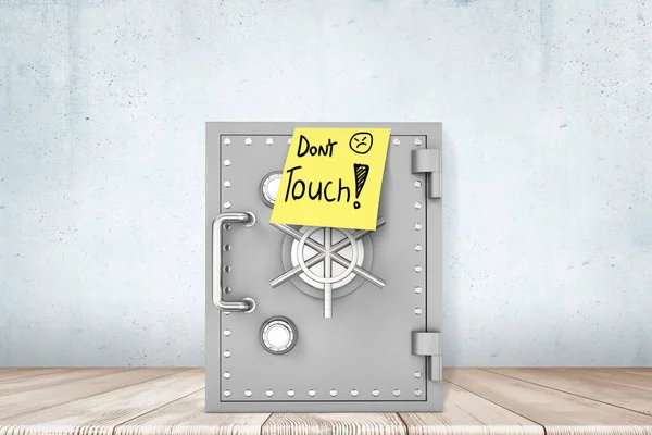 3d close-up rendering of closed metal safe with yellow post-it note saying Dont Touch, standing against concrete wall on wooden floor.