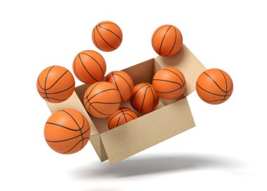 3D karton kutu dolusu basketbol topu havada uçuşuyor..