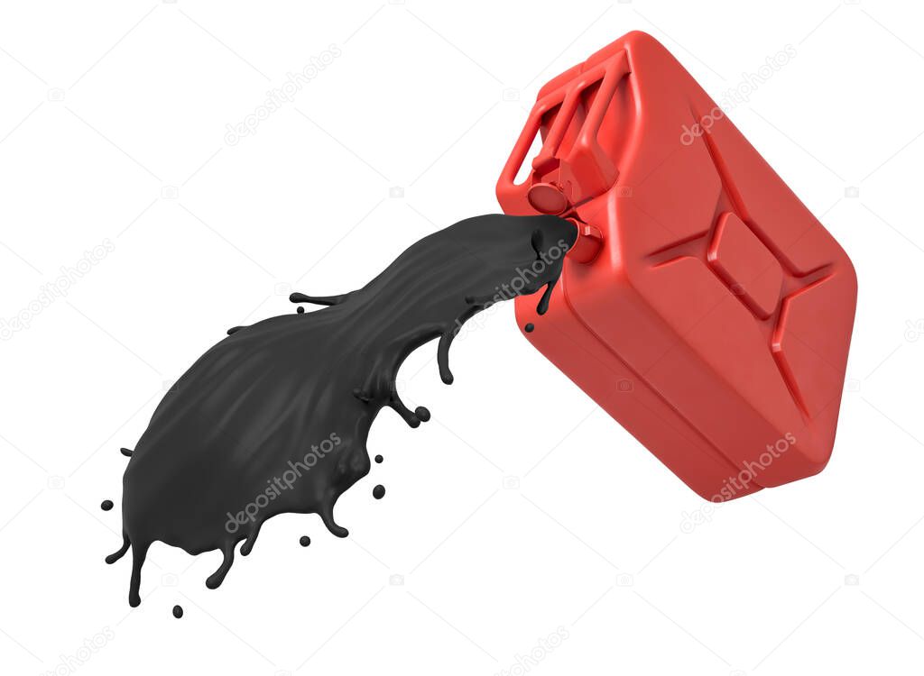3d rendering of red gasoline can with black oil pouring isolated on white background