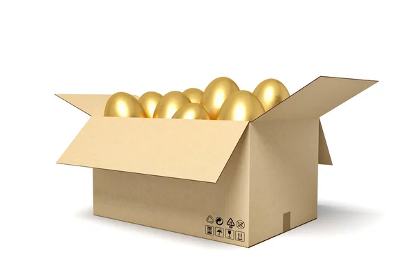 Rendering 3d di uova d'oro in scatola di cartone . — Foto Stock