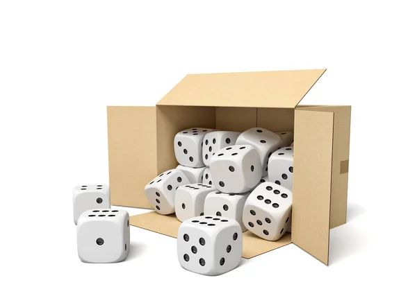 3d rendering of cardboard box lying sidelong full of white dice with black spots. — Stock Photo, Image
