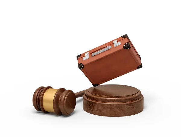 3d rendering of brown retro suitcase on round wooden block and brown wooden gavel — Stock Photo, Image